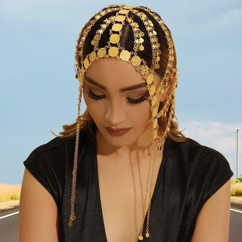 Women Hat Coin Hair Jewelry Bridal Modern Blingbling Tassels Coin Hat for Bride Wedding Party Head Chain