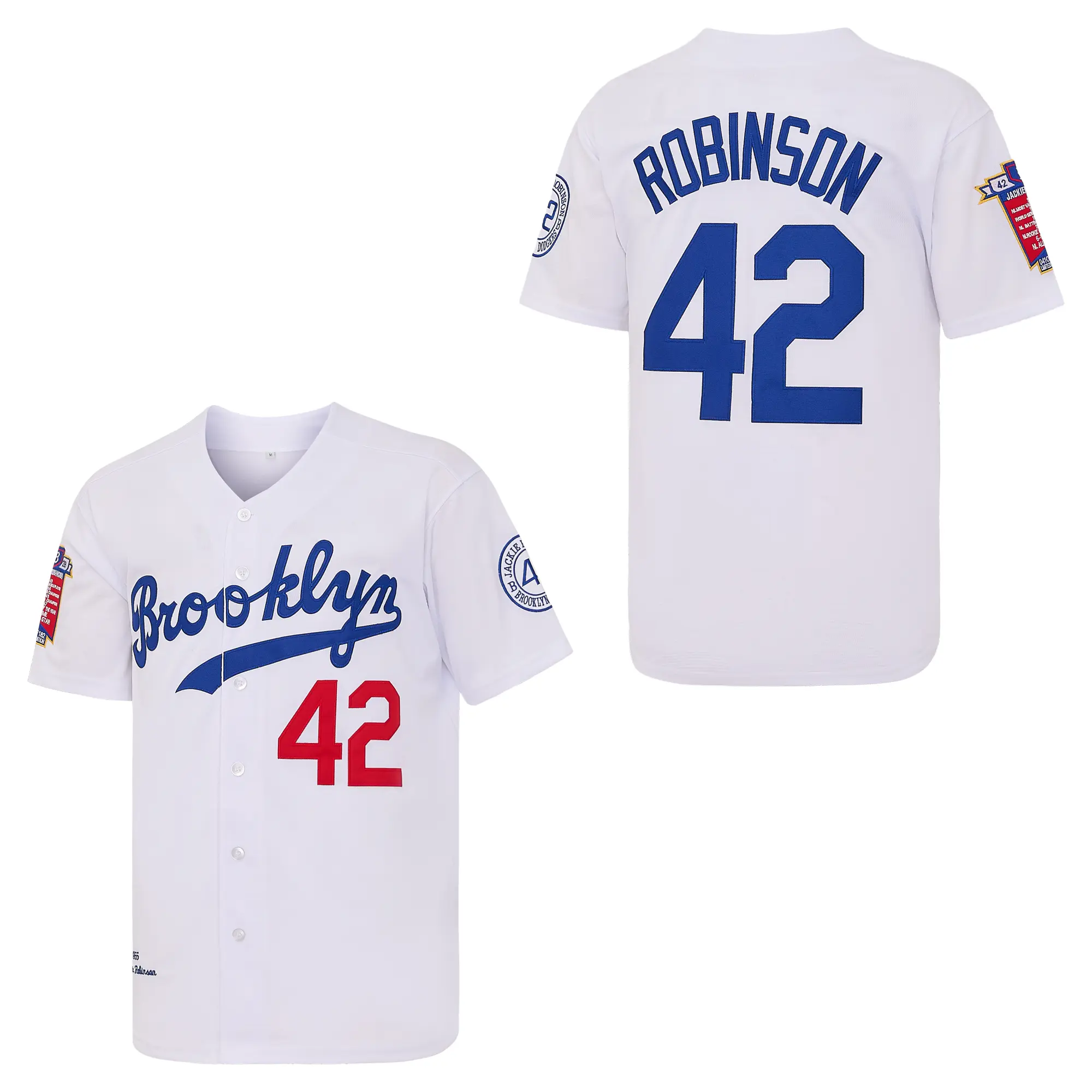 Men's Brooklyn 42 Robinson Baseball Jersey, Vintage Legend Embroidered Patches, White Blue Jersey Shirts, Short Sleeve Embroidery Sportswear, Casual Sporty Top, Professional Streetwear Outdoor Top, Short Sleeve Jersey