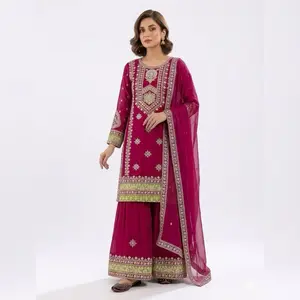 Indian Outfits - Red Traditional Ensemble with Pink Saree and Floral Decorations Womenswear Dress