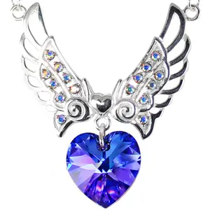 Angel Wings Crystal 18mm Heart with Wings Blue Aurora 18" Necklace with Extender