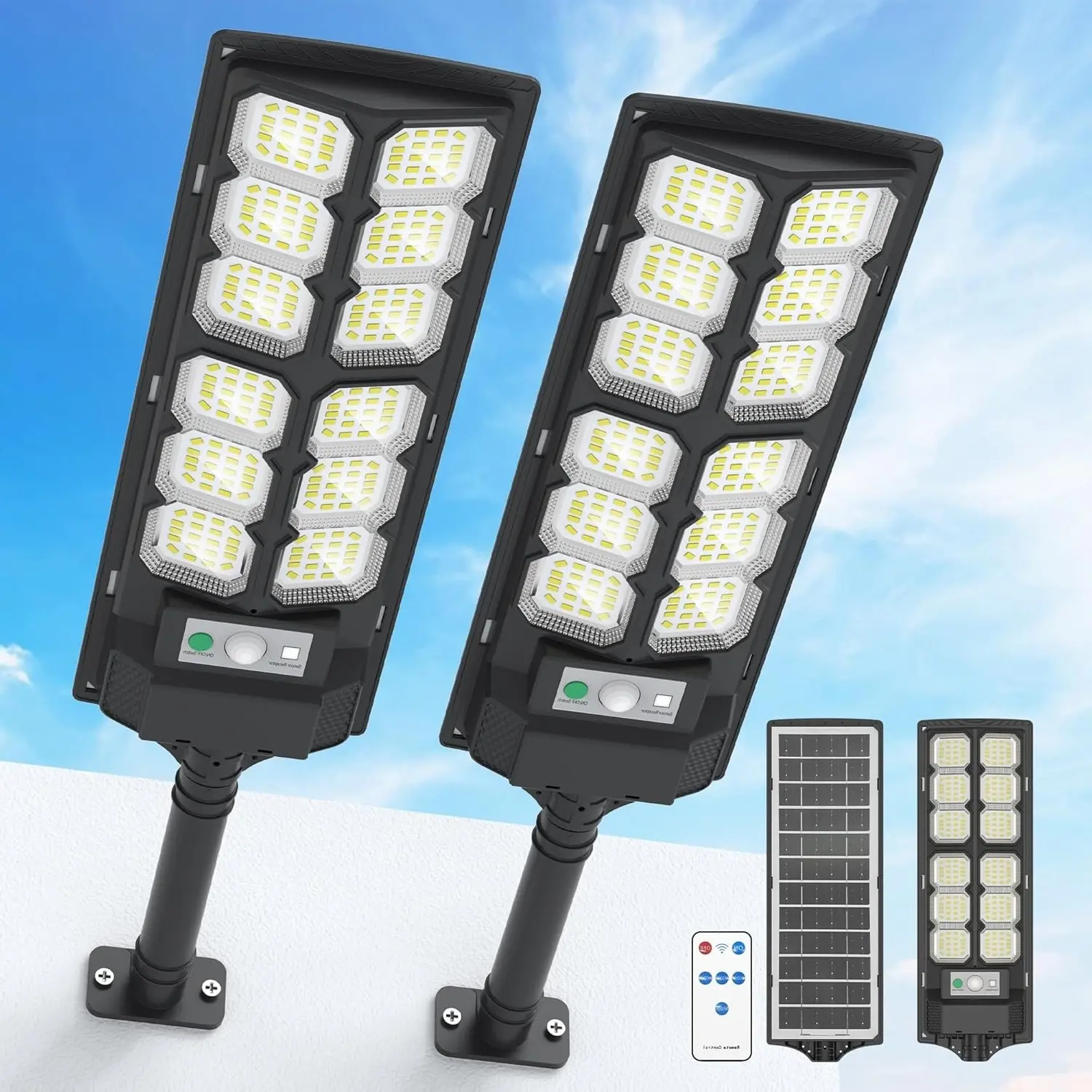Solar Lights Outdoor Waterproof - 7000K Solar Street Lights Outdoor, Wide Angle Flood Light Motion Sensor, LED Powered Parking Lot Light with Dusk to Dawn for Outside (2 Pack)