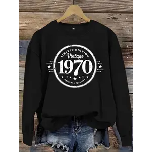 Women's Vintage 1970 Print Crew Neck Sweatshirt, Casual Long Sleeve Pullover for Daily Wear, Ladies Clothes for Fall & Winter, Hoodie