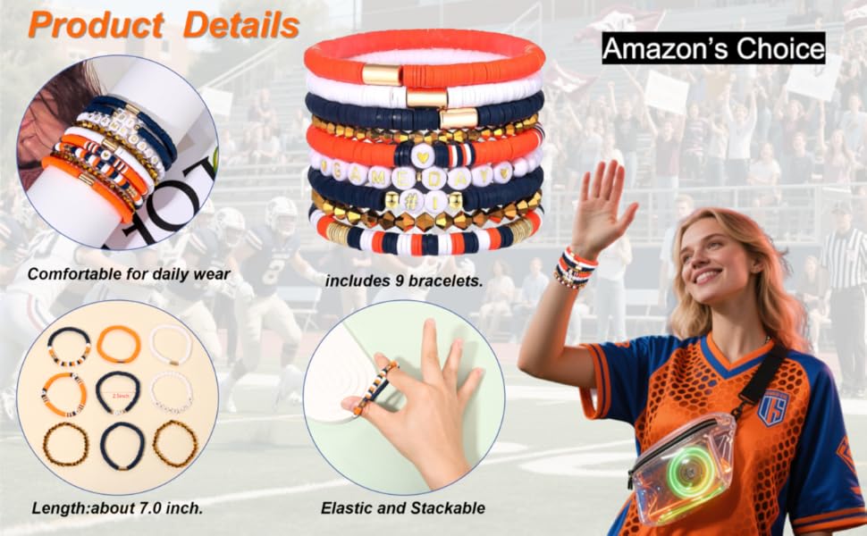9 Pack Game Day Bracelets for Women Stackable Heishi Beaded Stretch Bracelet Football Sport Fan Bracelet Sports Game Team Jewelry Accessories Gifts