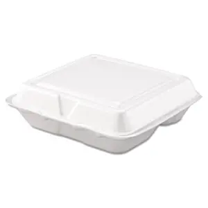 212 MAIN Drc 80HT3R 3-Compartment White Foam Carryout Food Container - 8x7.5x2.3in, 200/Carton, Insulation, Temperature-Retaining, Lid