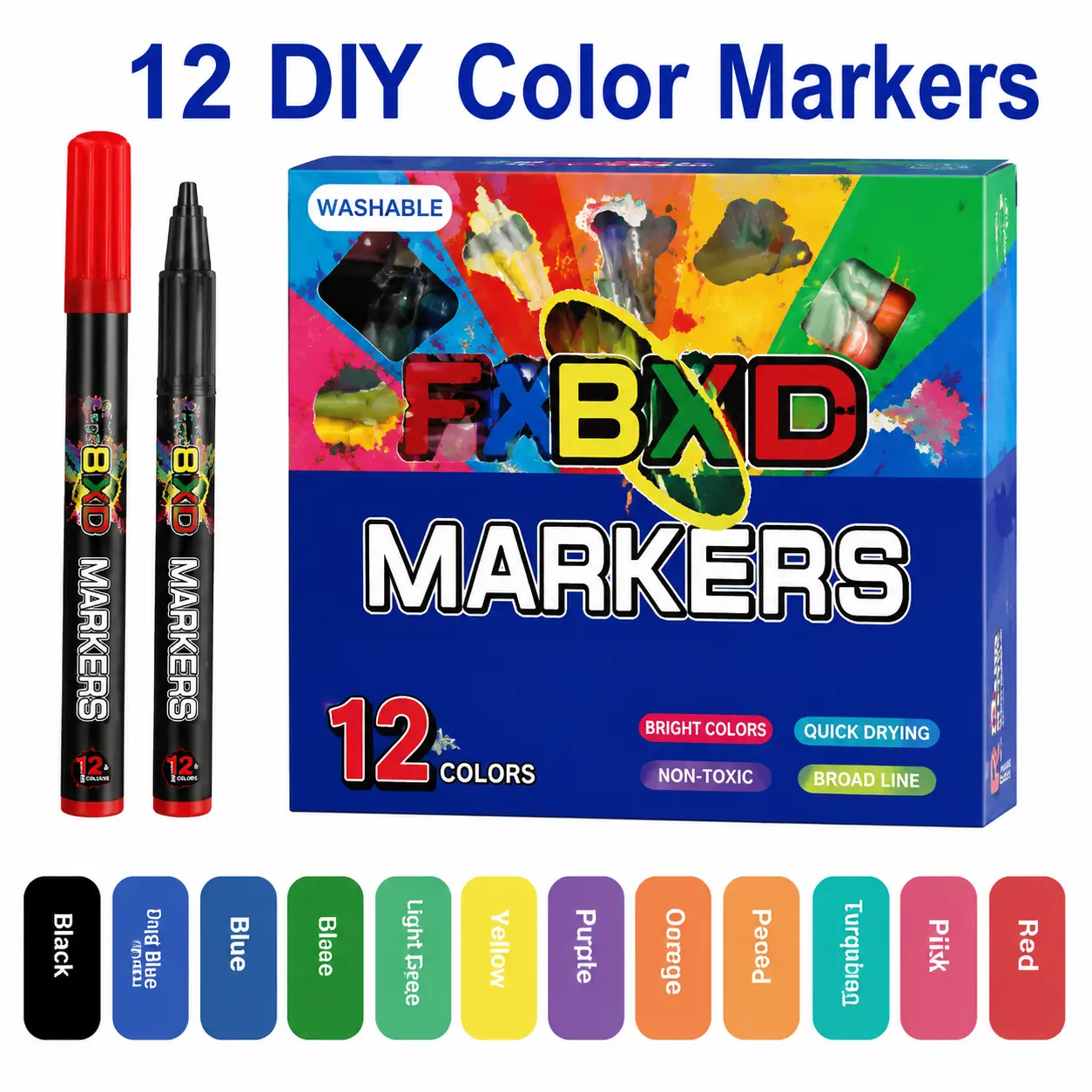 MARKERS 12-Color Washable Marker Set for Kids, Safe Non-Toxic Drawing Pens with Conical Fiber Tips for School Art Classroom and DIY Crafting, Perfect Gift