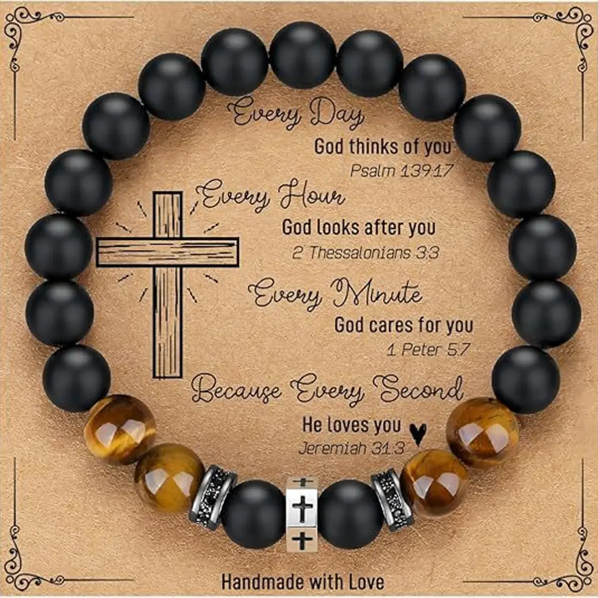 Handmade 8mm Tiger's Eye Beaded Bracelet for Men, Unisex Religious Jewelry with Cross Charm, a Retro Look Inspirational Love Gift for Graduation & Confirmation, b, c