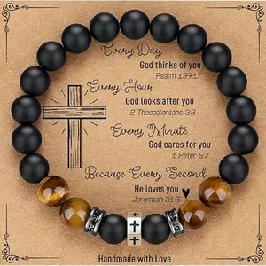 Faith-themed men's bracelet, tiger's eye cross jewelry, 8mm beaded black bracelet, men's accessory.Gifts for sons, boyfriends, and fathers on holidays.