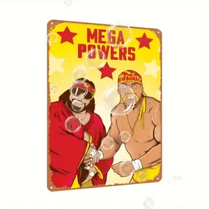 Vintage 2D Flat Wrestling Heroes Metal Sign 8x12 Inch Weatherproof Iron Wall Decor with Mega Powers Retro Tropical Style Indoor and Outdoor Decor for Home Garden Bar Cafe and Office
