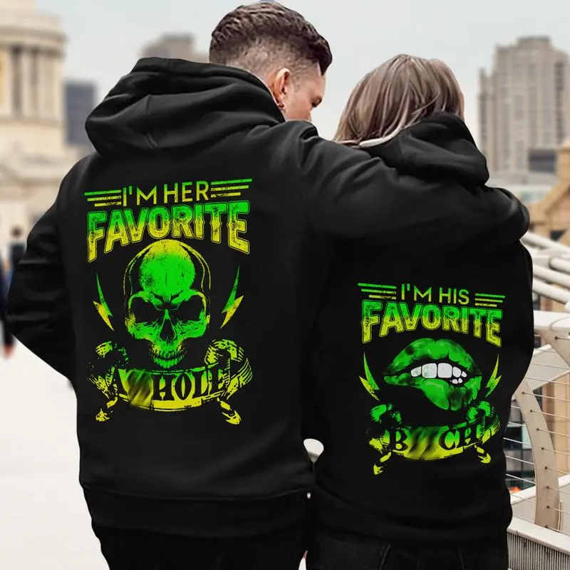 Skull Matching Couple Hoodies For Couple, I'm Her Favorite Ass hole, I'm His Favorites Bitch Hoodies, Graphic Couple Hoodies Casual Fleece Fabric Pullover for Women for Men, Perfect Gift Classic Menswear Cotton Spandex, Gift for Husband, Wife