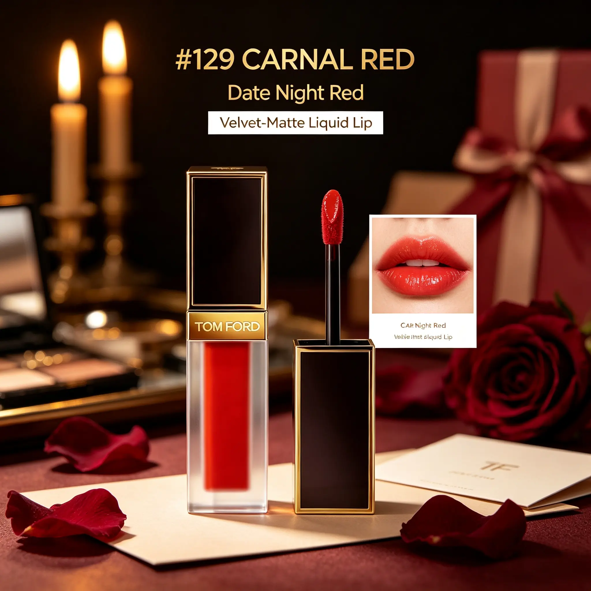 TOM FORD Liquid Lip Luxe Matte #129 Carnal Red Velvet‑Matte Liquid Lipstick, Vibrant Rosy‑Orange Red Luxury Lip Lacquer Full‑Size 6ml