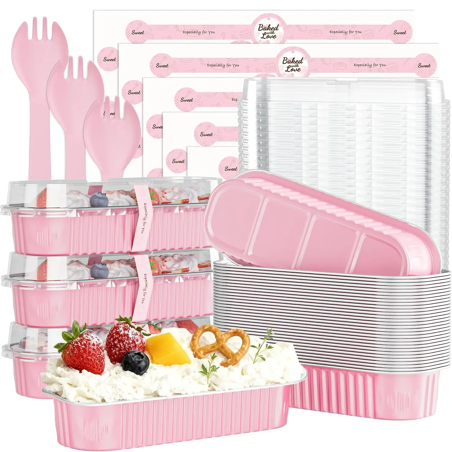 6.8oz Mini Loaf Cake Pans with Lids and Spoons Sealing Stickers, 30 Pack Disposable Mini Cake Pan for Baking, Rectangle Aluminum Foil Cupcake Tin, Individual Small Cupcake Containers for Party Wedding