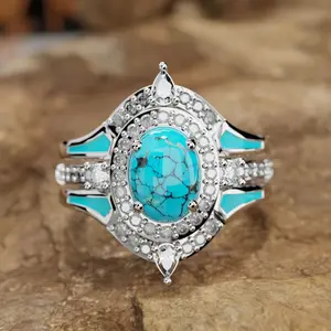 Women's Rings, 1 Set (3 Pieces) - Vintage Style & Fashionable Design, Accented With Turquoise, Vintage Unique Artificial Jewelry, Elegant Birthday Gift For Wife