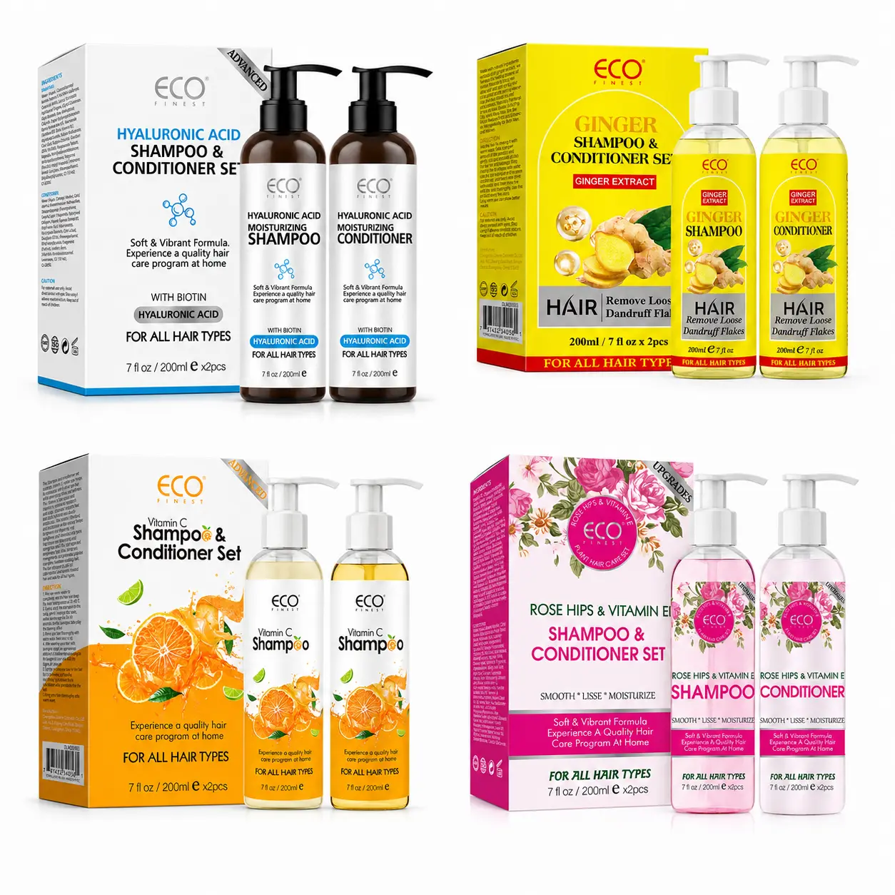 ECO FINEST Shampoo & Conditioner Kit, 2 x 7 fl oz/200ml, Choose Hyaluronic Acid, Ginger, Vitamin C or Rose Hips-Vitamin E, Moisturizing Hair Care for All Hair Types