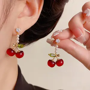 Light luxury, sweet, gentle, versatile red cherry pearl earrings DDES0608, niche style, simple design earrings for women, 14K gold-plated