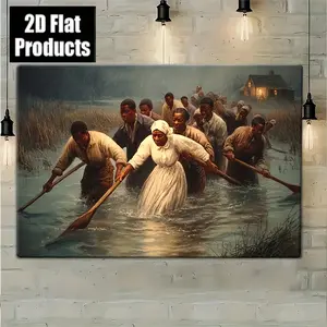 2D Flat, Harriet Tubman Leading to Freedom African American History Art Print - Framed Canvas Wall Decor with Wooden edges, Vintage Underground Railroad Painting for Living Room, Bedroom, Office - Civil Rights Decoration & Educational Decorations, Histori