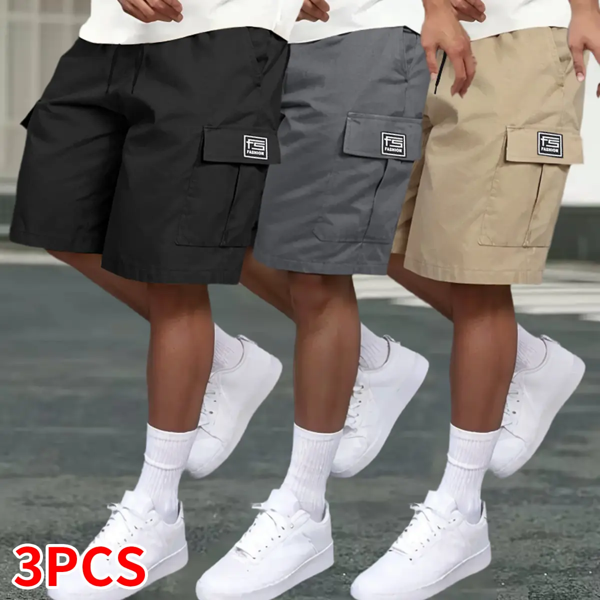 3-pack men’s casual cargo shorts, multifunctional pockets, solid color, drawstring elastic waistband, suitable for outdoor sports, fitness, running, and casual wear; men’s shorts, summer shorts, menswear