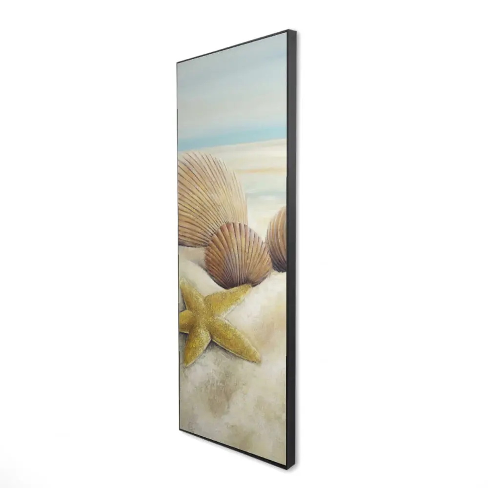 360 Stand 20x60 in. Beach Scene Framed Print with Seashells and Starfish, Blue Home Decor Artwork, Artistic Wall Ornament, Decoration, Room, Coastal Decor, Ready To Hang, Room Decor