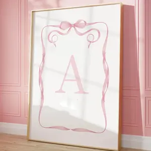 Custom Girl Initial Print, Vintage Nursery Room Decor, Personalized Letter Wall Art, Classic Pink and Blue Bow Poster
