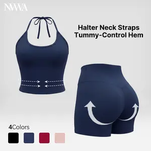 NVWA Women's Sporty High Stretch 2-Piece Yoga Clothes Set - Halter Neck Sleeveless Backless Top, High-Waist Tummy Control Shorts, Nylon Blend Breathable Fabric, for Workout, Summer Gym, Halter Tops