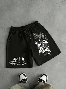 Men's Trendy Dark Aesthetic Angel Demon Shorts, Gothic Print Details, Loose Comfort Fit, Casual Mid-Thigh Pants, Harajuku Style
