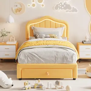 Gaomon Twin-Size Twin-Orange Upholstered Platform Bed Frame with Plush Berber Fleece, Led Lighted Smart Headboard, Storage Drawer, Wooden Slats Support, No Box Spring Needed, Easy Assembly Kids Bedroom Furniture, Plush Texture