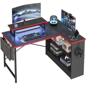 L Shaped Gaming Desk with Storage Shelves, 42 Inch Reversible Corner  Desk with LED Lights, PC Gaming Table with Side Storage Bag &  Stand for Bedroom
