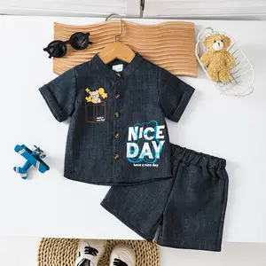 Ready Stock 6m-3y Toddler Boy Summer 2-Piece Outfit Cute Bear Pocket with Letter Print Stand Collar Short Sleeve Shirt Elastic Shorts Dark Blue 12504054