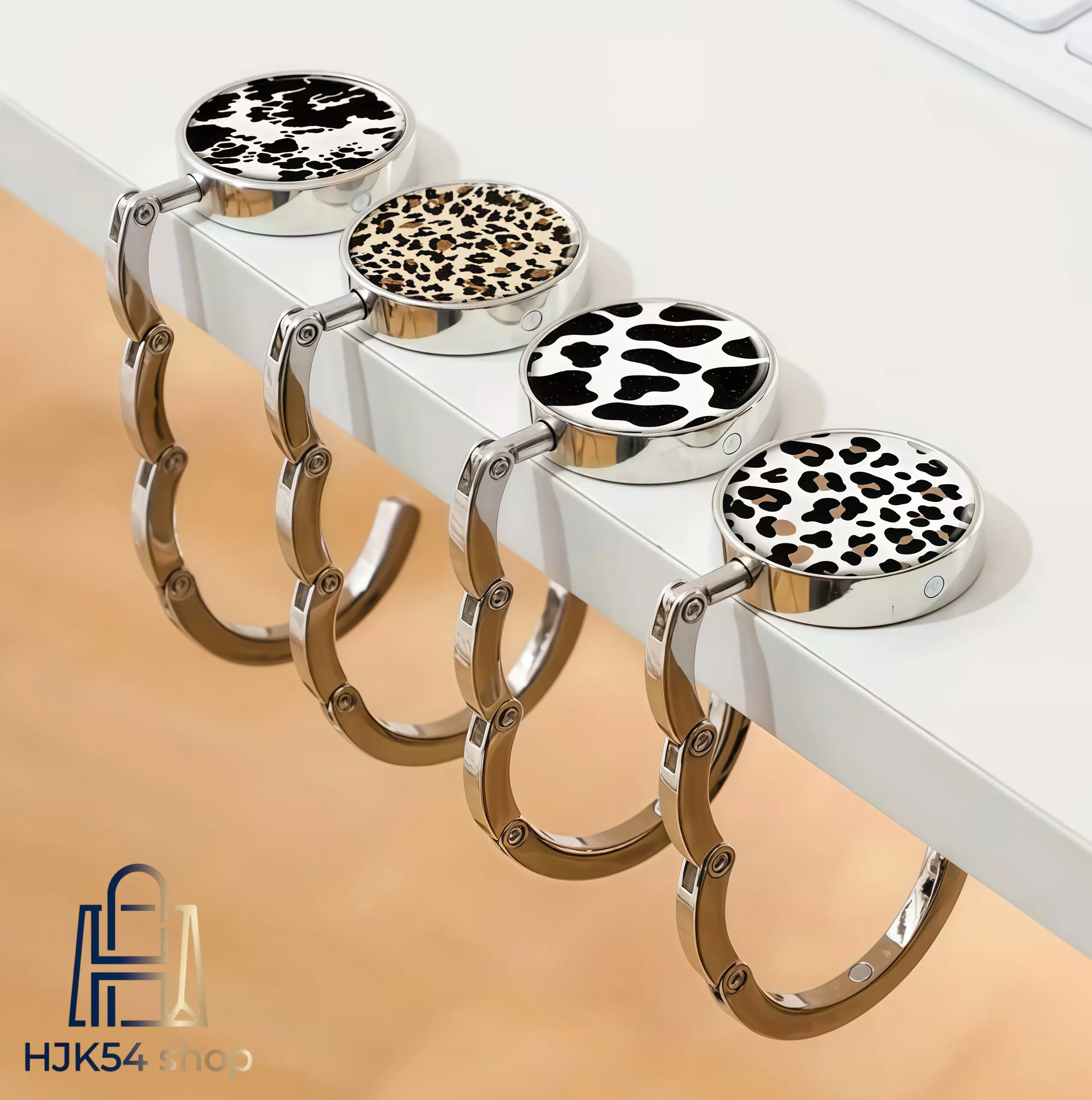 Women's 4pcs Foldable Leopard Print Metal Purse Hooks, Portable Anti-Slip Table Handbag Holders, Cute Animal Print Desk Accessories
