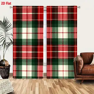 2D Flat 2-Pack Tartan Plaid Checkered Curtains, Red Green White Brown Seamless Pattern, Traditional Grid Tiling Design, Home Decor Window Treatment, Vibrant & Deep Color Interwoven, Uniform Tileable Fabric Curtains