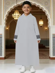 ✨Fresh & Minimalist Ethnic Boy! Light Gray Hooded Geometric Cuff Thobe, Clear Temperament Outfit