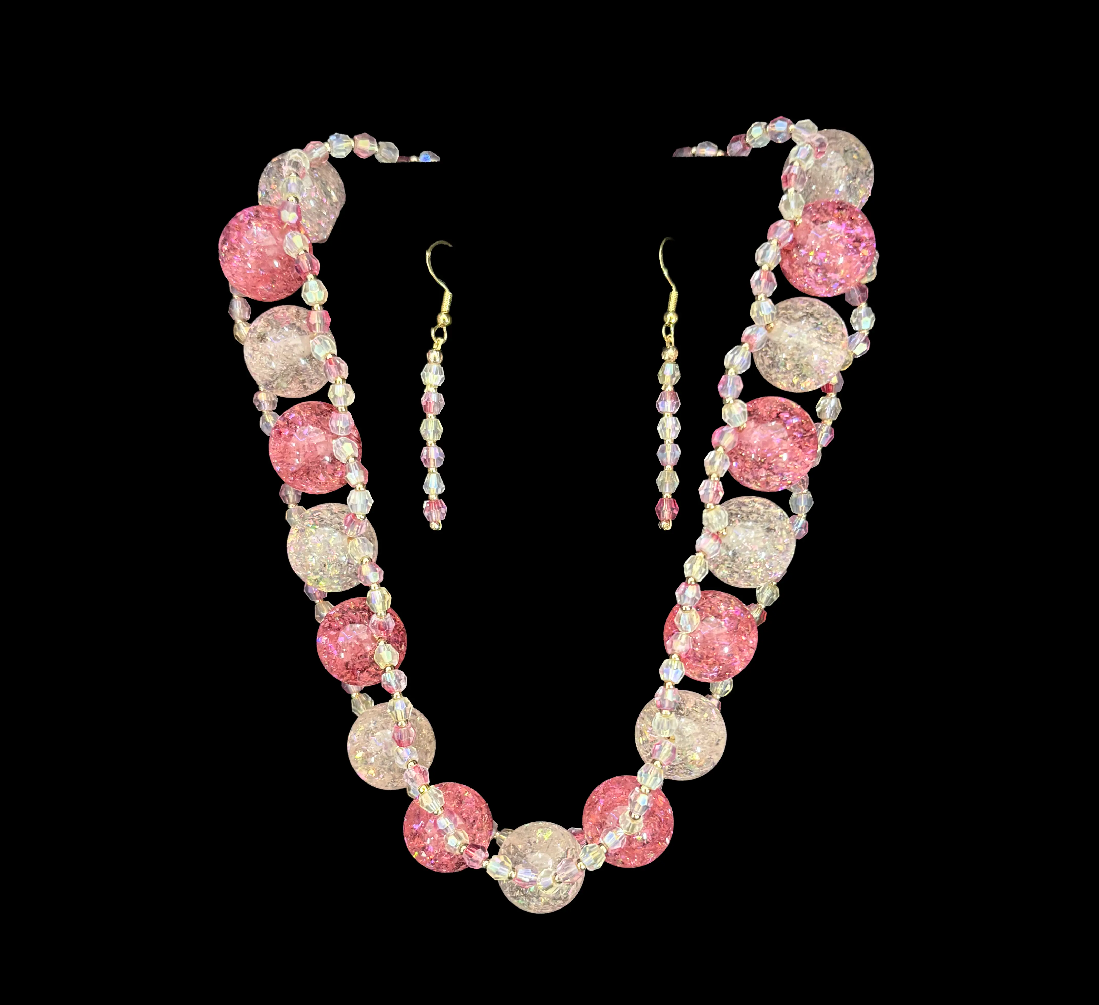 Sugar & Sparkle with Swagger - Pink Sparkle Power Set - Oversized Crackle-Glass Rounds & Faceted Spacers - Long Slender Drop Earrings - Rare Bold & Versatile Eye-Catching Jewelry
