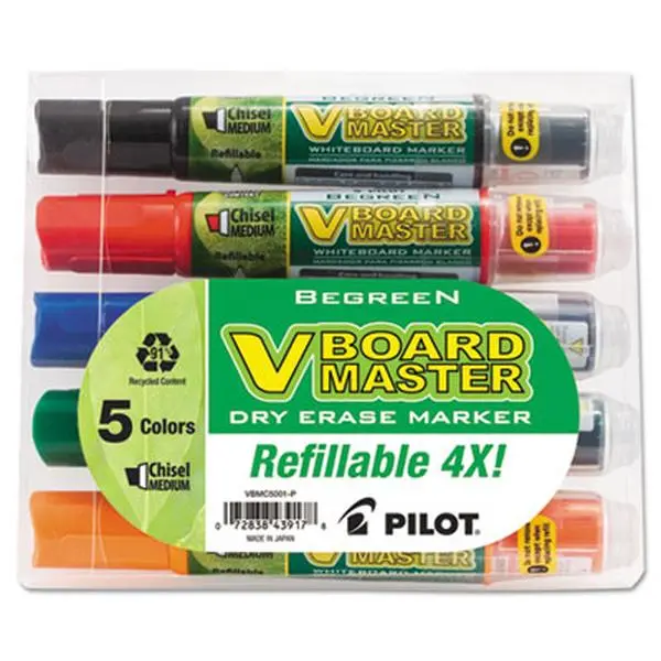 Pilot BeGreen Refillable Dry Erase Markers - Assorted Chisel Tip, 5-Pack for Whiteboards (Office Stationery Writing Tool)