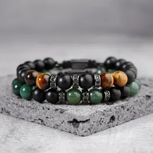 Triple Protection Bracelet Black Onyx & Tiger eye Moss Agate 8mm Natural Stone Beads Bracelet Magnetic for Men Brother Adjustable Jewelry Fashionable Trendy Stackable
