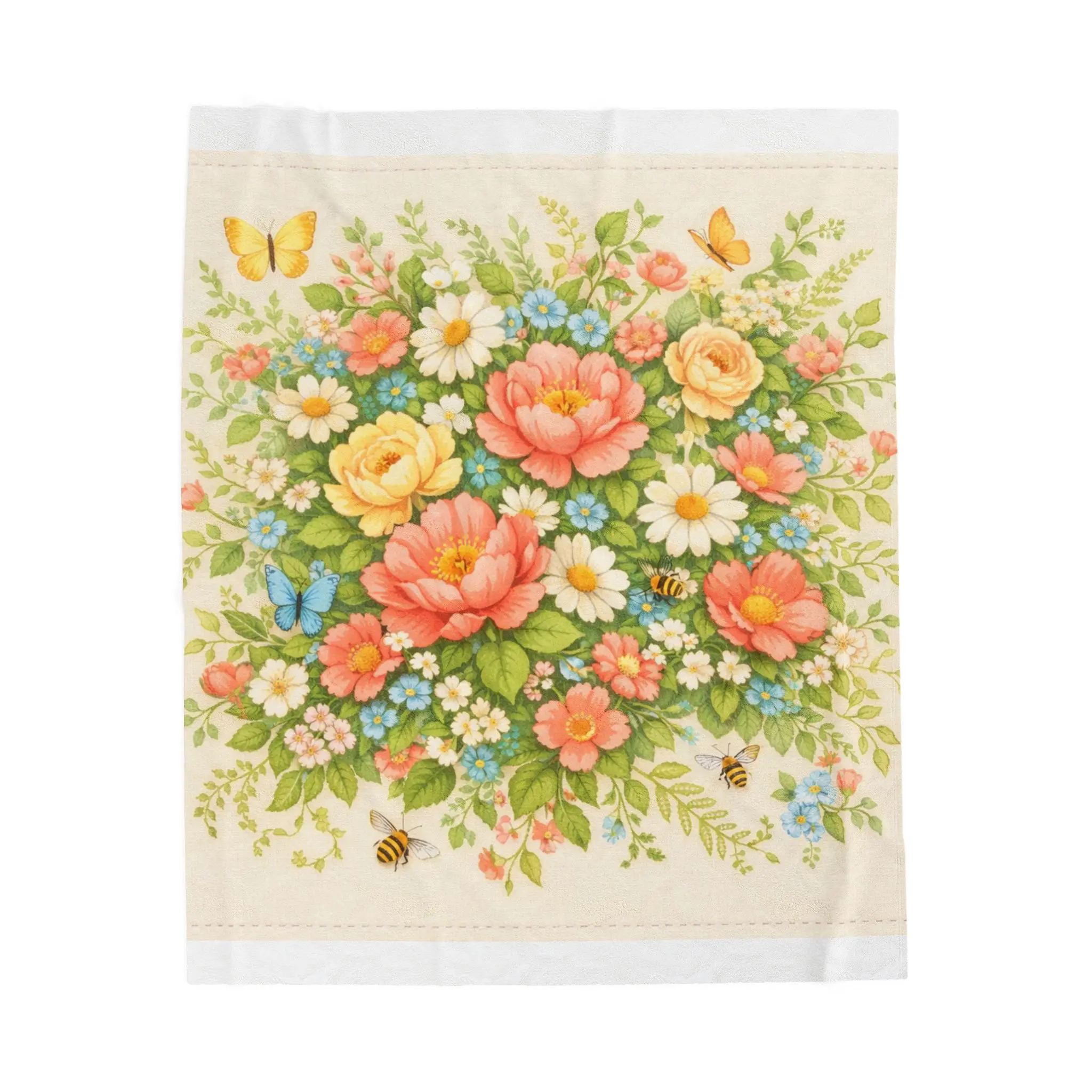 Vintage Floral Bouquet Velveteen Plush Blanket | Roses, Daisies, Butterflies