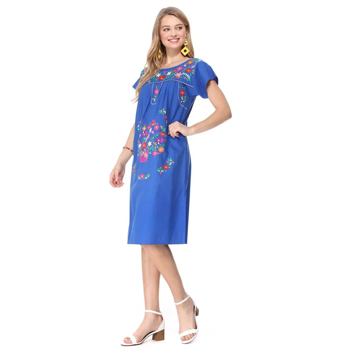 UNIK Women's Traditional Puebla Mexican Dress - 100% Cotton Casual Dress with Detailed Floral Embroidery, Hand Wash, Ideal for Daily Wear