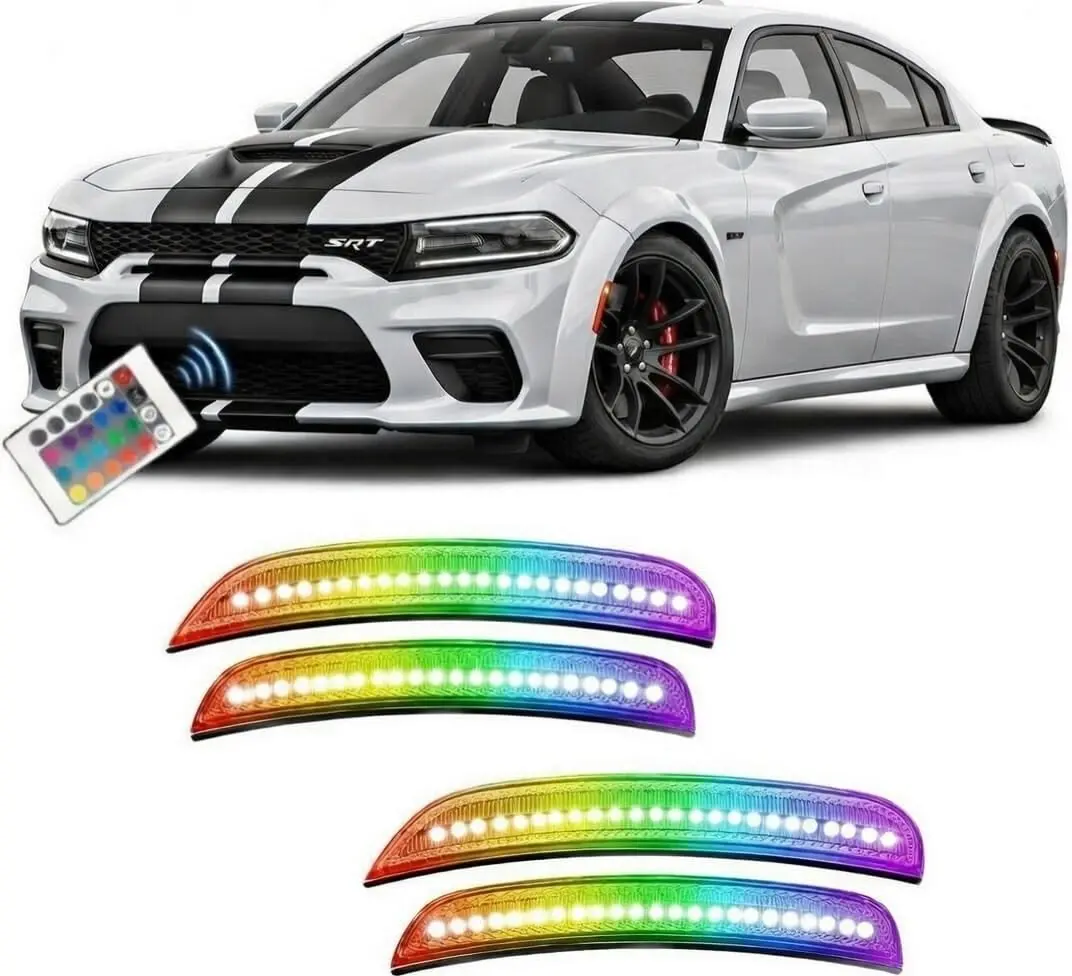 Habibis Carbon RGB LED Side Marker/ Bumper Lights Compatible with Dodge Challenger & Charger, Ford Mustang (S550/S650) & Chrysler 300 fits 2015–2024, Smoked Lens Front & Rear Bumper Fender Lamps, Remote Control, Multi-Mode Color Changing, Plug & Play, Cha