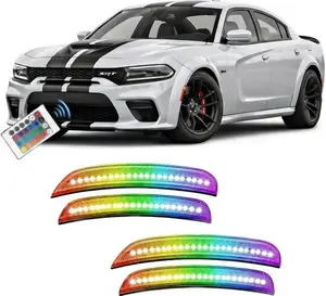 Habibis Carbon RGB LED Side Marker Lights Compatible with Dodge Challenger & Charger, Ford Mustang (S550/S650) & Chrysler 300 fits 2015–2024, Smoked Lens Front & Rear Bumper Fender Lamps, Remote Control, Multi-Mode Color Changing, Plug & Play Replacement