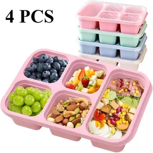 4 Pack Reusable 5 - Compartment Bento Lunch Boxes Set. Comes with sauce containers, utensils & lids. Stackable. Great for school, work, travel & picnics. Eco - friendly & food - grade.