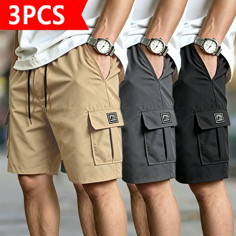 Men’s Cargo Shorts 3-Pack featuring a double large pocket design, fashionable street-style loose fit suitable for various occasions; quick-drying, lightweight men’s cargo shorts ideal for outdoor exercise and everyday wear., Activewear, Athletic, Sports C