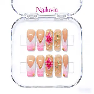 Nailuvia｜10PCS 100% Handmade Press-On Nails｜D181 1.3 Inch｜Reusable Colorful Art Acrylic Stylish｜Nude Pink French Floral & Gold Rose Press-On Nails