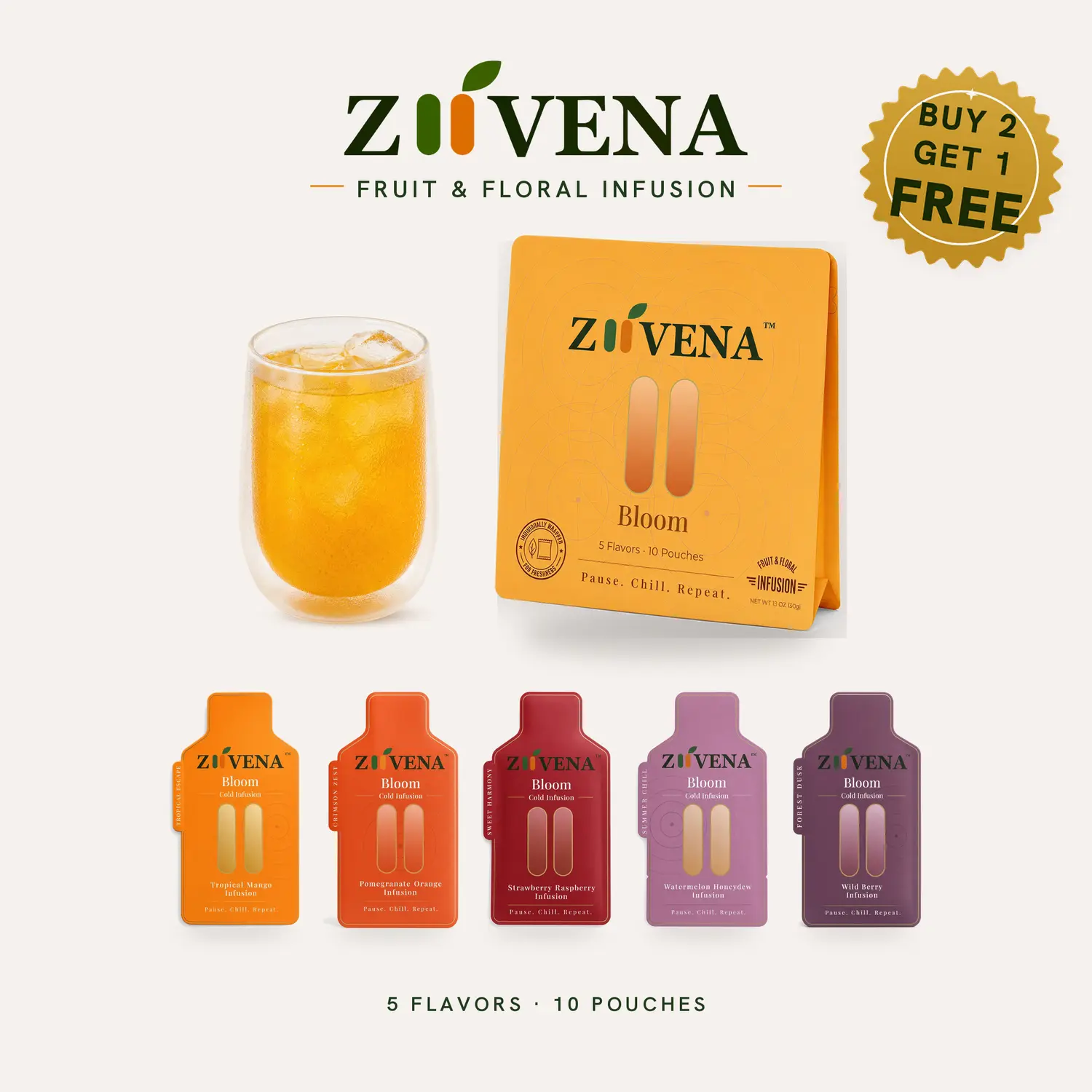 ZIIVENA Cold Brew Fruit & Floral Infusion Bags, Bloom Variety Pack, 5 Flavors 10 Count, Caffeine-Free Iced Fruit Drink Sachets for Water Bottle, Mango Strawberry Watermelon Pomegranate Wild Berry, 0 Added Sugar 0 Calories