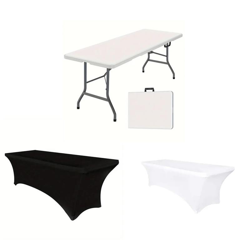 VBXNT 2PCS 6FT Stretch Full-Cover Tablecloth (Black, White) Washable Wrinkle Resistant Durable Design Table Cover Fitted for Event, Wedding, Banquet, Parties Decor [72Lx30Wx30H Inch]