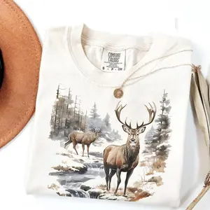 Comfort Colors Vintage Deer Wilderness Scene T-shirt, Nineties Vintage Buck And Doe Deer Outfit, Boho Unisex Hunting T-shirt, Lover Gift Women's Womenswear Tops