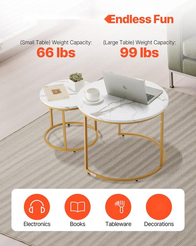 Nesting Coffee Table Set of 2, 23.6-Inch Round Coffee Tables for Small Spaces, Space-Saving Nesting Tables with Metal Frame, Vintage End Tables and Nightstand, Side Tables for Living Room, Bedroom and Office, White and Gold Finish