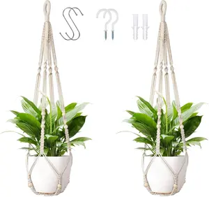 Macrame Plant Hanger Indoor Set of 2 with 4 Hooks, Indoor Outdoor Hanging Planter for Plants Holder with Decorative Wood Beads & No Tassels, Boho Home Decor, 35 Inch Ivory (Pots Not Included)