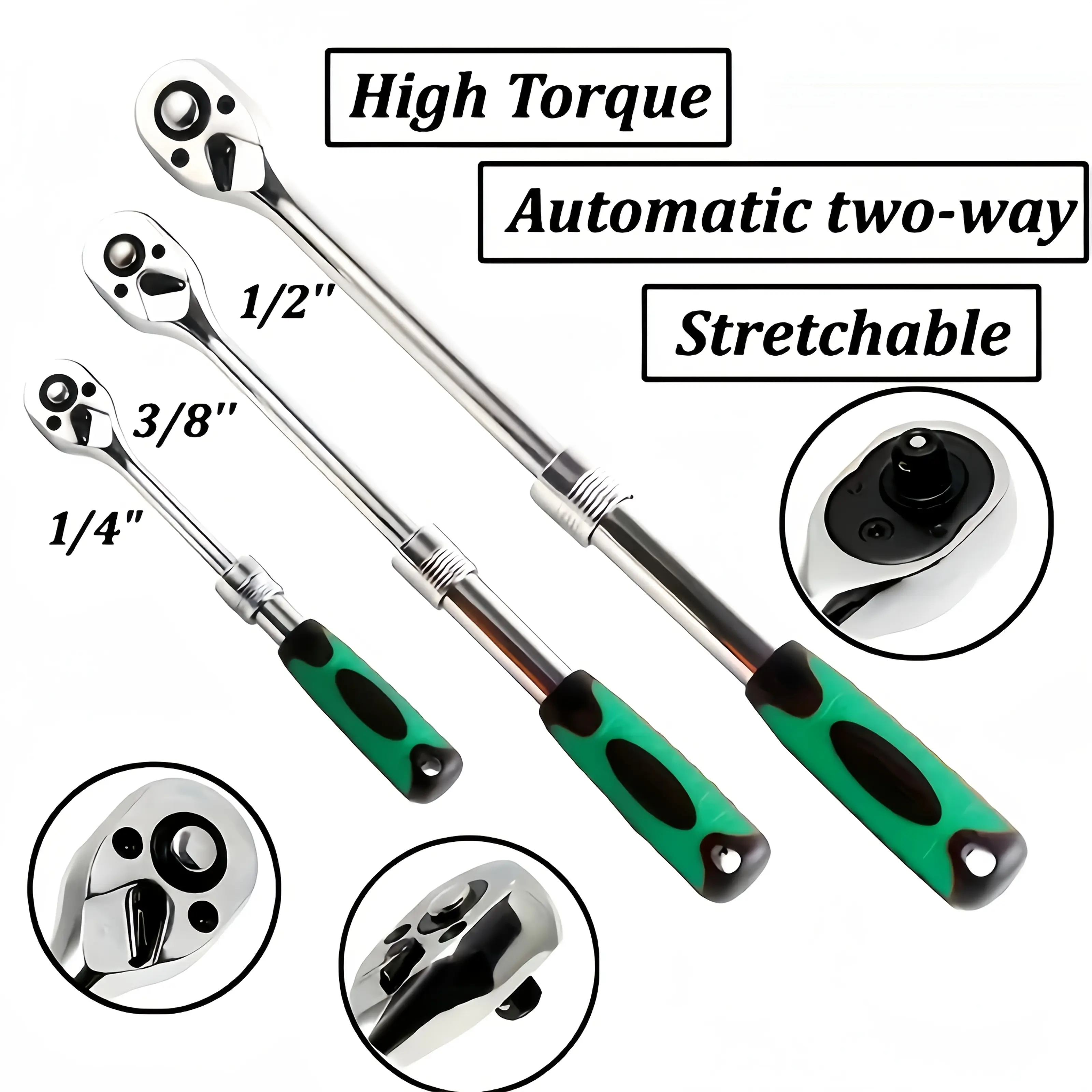 3-Piece Ratcheting Wrench Set, 1/4"-3/8"-1/2" Drive Telescopic Socket Handle, 2-Way Quick Release High Torque Spanner with Anti-Slip Grip, Mechanic Tools Work Tools for Auto Repair Garage DIY Maintenance