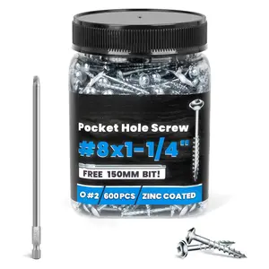 Pocket Hole Screws 1-1/4 Inch,  Pocket Screws #8 X 1-1/4", 600 count, Zinc Coated Pocket Hole Screw for Indoor Outdoor, Square Drive, 150MM Drive Bit Included
