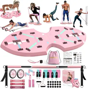 Portable Home Gym System for Men and Women:Push Up Board, Pilates Bar & 20 Fitness Accessories with Resistance Bands and Ab Roller Wheel-Professional Strength Training Exercise