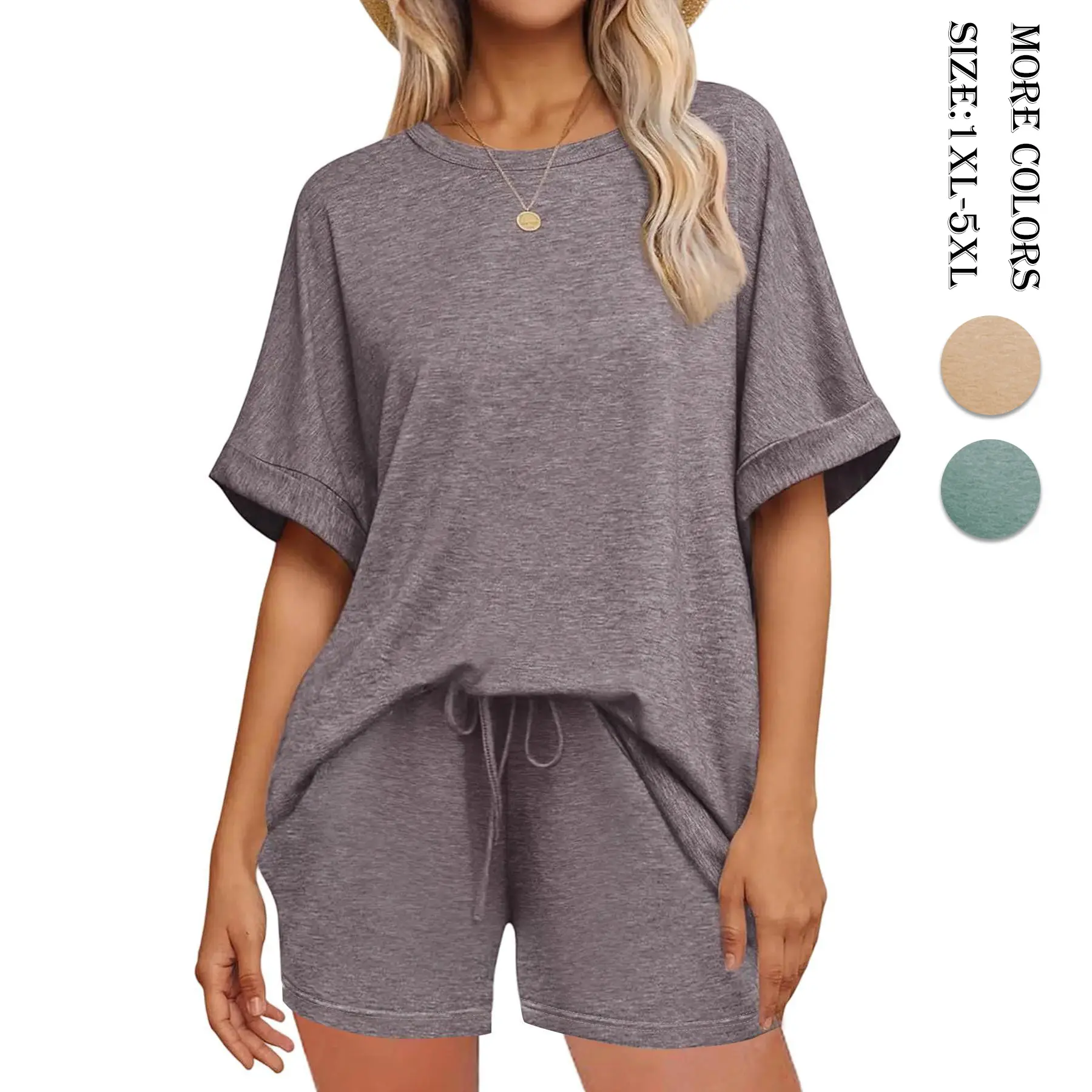 Renaishow Women's Plus Size Soft Lounge Set - 2-Piece Outfit with Crew Neck Loose Fit Shirt and High Rise Drawstring Shorts for Summer Nightwear, Resort Wear, Women's Clothes, Casual Fit, Basics, Pajama, T-Shirt, Lightweight, Shortsleeve, Simple, Matching