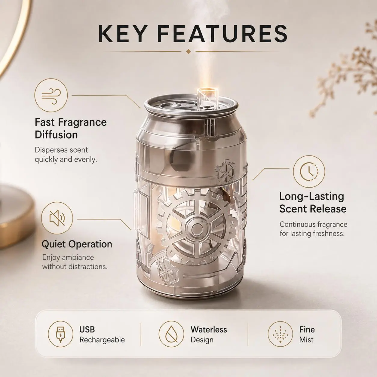 Jue Fish Waterless Essential Oil Diffuser, USB Rechargeable 5-Mode Aroma Diffuser with Flame-Effect Light for Bedroom, Office & Dorm